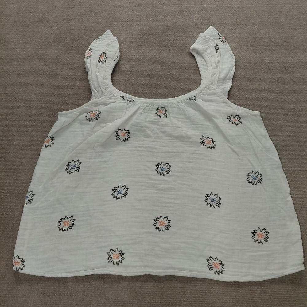 Sonomo Floral White Guaze Boho Crop Tank Top Ruffle Strappy Cottagecore Casual